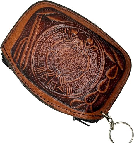 حقيبة عملة معدنية من الجلد المكسيكي مع تصاميم Aztec بألوان متنوعة 1pc | Mondero Mexicano de Piel Con Figuras Aztecas - Mexart ، Beige in Kuwait