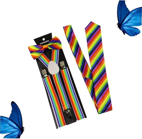 3Pcs Rainbow Suspenders Colorful Unisex Elastic Braces with Bow Tie Fashion Stripe Design for Parties Birthdays and Daily Wear Comfortable Clamps in Saudi Arabia