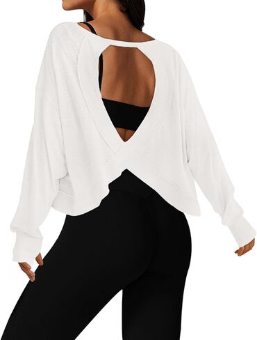 Open Back Workout Tops for Women Long Sleeve Cropped Athletic Clothes Gym Running Yoga Low Impact Sports T Shirts in Saudi Arabia