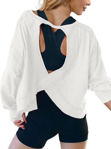 Open Back Workout Tops for Women Long Sleeve Cropped Athletic Clothes Gym Running Yoga Low Impact Sports T Shirts in Saudi Arabia