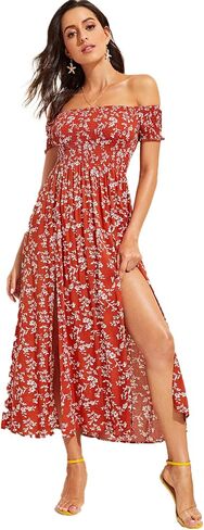 Floerns Women's Boho Floral Print Off Shoulder Split Long A Line Dress in Saudi Arabia