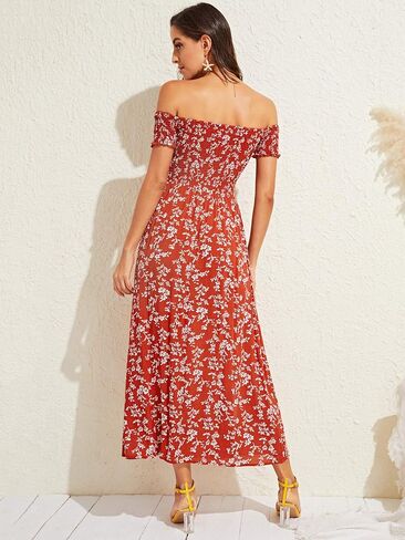 Floerns Women's Boho Floral Print Off Shoulder Split Long A Line Dress in Saudi Arabia