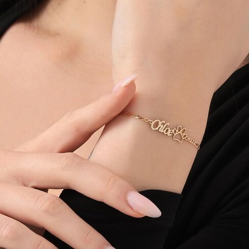 Sterling Silver Custom Name Bracelet with Paw Charm – Sterling Silver or 14K Gold Plated Personalized Pet Lover Jewelry for Women – Adjustable Curb Chain Bracelet in Saudi Arabia