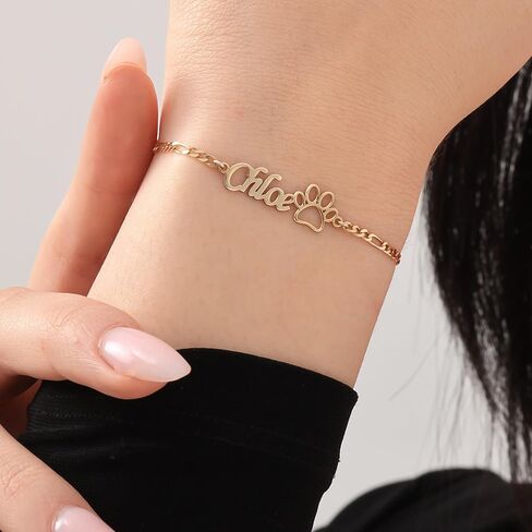 Sterling Silver Custom Name Bracelet with Paw Charm – Sterling Silver or 14K Gold Plated Personalized Pet Lover Jewelry for Women – Adjustable Curb Chain Bracelet in Saudi Arabia