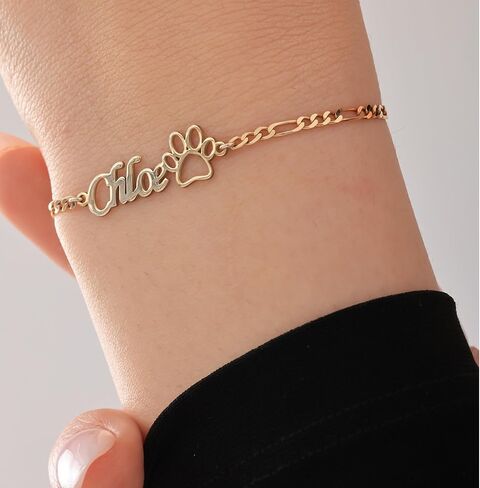Sterling Silver Custom Name Bracelet with Paw Charm – Sterling Silver or 14K Gold Plated Personalized Pet Lover Jewelry for Women – Adjustable Curb Chain Bracelet in Saudi Arabia