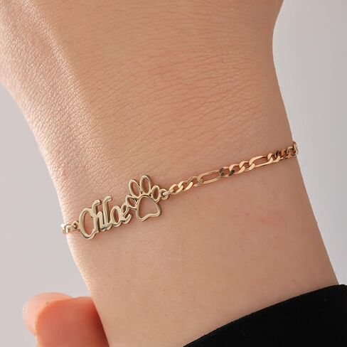Sterling Silver Custom Name Bracelet with Paw Charm – Sterling Silver or 14K Gold Plated Personalized Pet Lover Jewelry for Women – Adjustable Curb Chain Bracelet in Saudi Arabia
