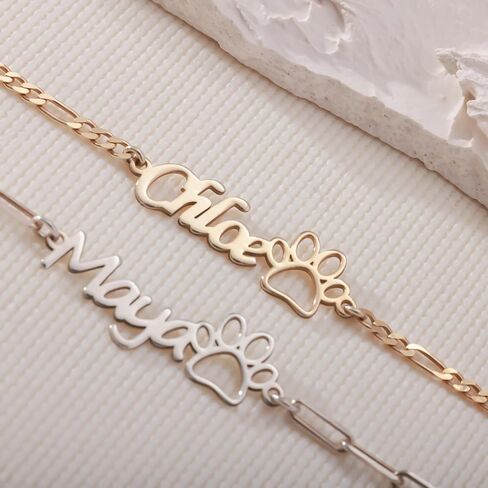 Sterling Silver Custom Name Bracelet with Paw Charm – Sterling Silver or 14K Gold Plated Personalized Pet Lover Jewelry for Women – Adjustable Curb Chain Bracelet in Saudi Arabia