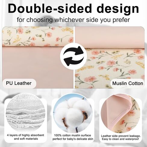 Baby Diaper Changing Pad,Large Waterproof Portable Changing Mat,19.7"x25.6" | 100% Muslin Cotton and Wipeable PU Leather, Reversible 2-in-1, Foldable Changing Pad Linner for Travel in Saudi Arabia