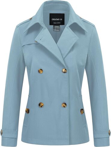CREATMO US Women's Cropped Trench Coat Classic Double Breasted Lapel Jacket Water Repellent Outerwear in Saudi Arabia