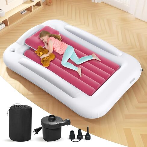 Inflatable Toddler Travel Bed - 60 Inches Portable Toddler Bed for Travel with Safety Sides - Cozy Kids Air Mattress Set with High-Speed Pump & Carry Case - Lightweight & Easy to Inflate -Blue in Saudi Arabia