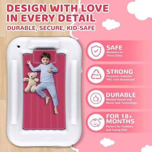 Inflatable Toddler Travel Bed - 60 Inches Portable Toddler Bed for Travel with Safety Sides - Cozy Kids Air Mattress Set with High-Speed Pump & Carry Case - Lightweight & Easy to Inflate -Blue in Saudi Arabia
