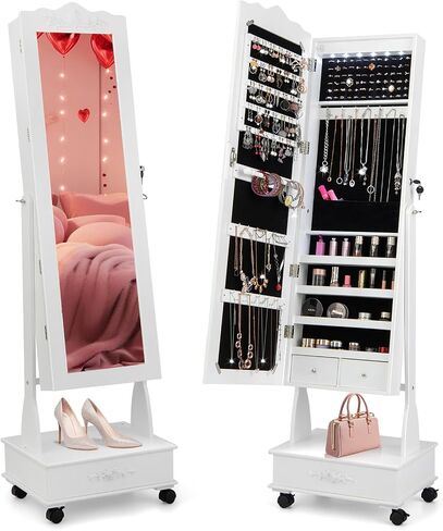 CHARMAID Rolling Jewelry Armoire with Full Length Mirror, Lockable Stand up Jewelry Cabinet with Lights and Wheels, Standing Jewelry Organizer with Drawers, Mirror with Jewelry Storage (Rustic Brown) in Saudi Arabia