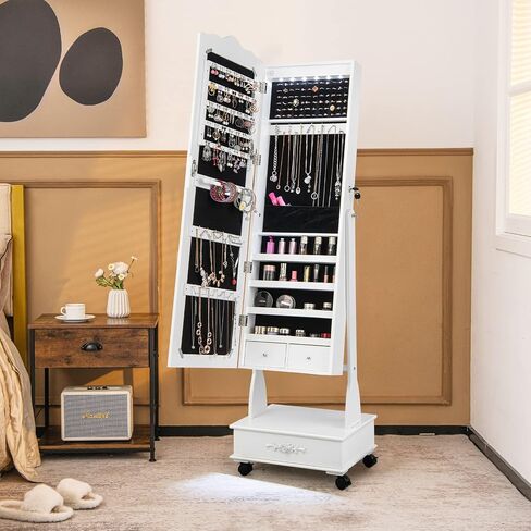 CHARMAID Rolling Jewelry Armoire with Full Length Mirror, Lockable Stand up Jewelry Cabinet with Lights and Wheels, Standing Jewelry Organizer with Drawers, Mirror with Jewelry Storage (Rustic Brown) in Saudi Arabia
