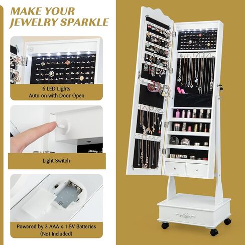 CHARMAID Rolling Jewelry Armoire with Full Length Mirror, Lockable Stand up Jewelry Cabinet with Lights and Wheels, Standing Jewelry Organizer with Drawers, Mirror with Jewelry Storage (Rustic Brown) in Saudi Arabia