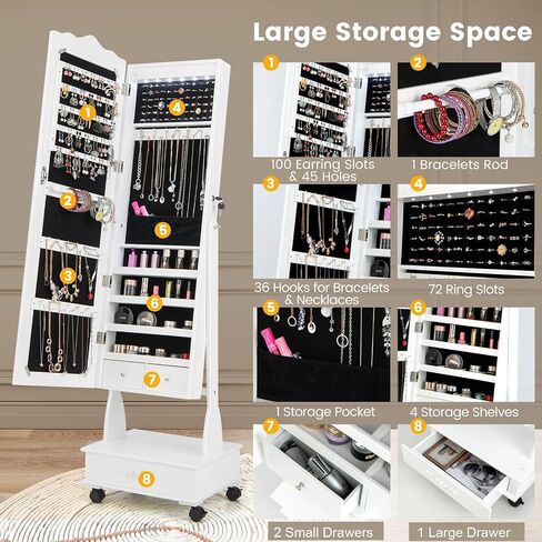 CHARMAID Rolling Jewelry Armoire with Full Length Mirror, Lockable Stand up Jewelry Cabinet with Lights and Wheels, Standing Jewelry Organizer with Drawers, Mirror with Jewelry Storage (Rustic Brown) in Saudi Arabia