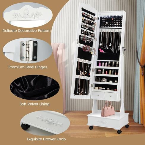 CHARMAID Rolling Jewelry Armoire with Full Length Mirror, Lockable Stand up Jewelry Cabinet with Lights and Wheels, Standing Jewelry Organizer with Drawers, Mirror with Jewelry Storage (Rustic Brown) in Saudi Arabia
