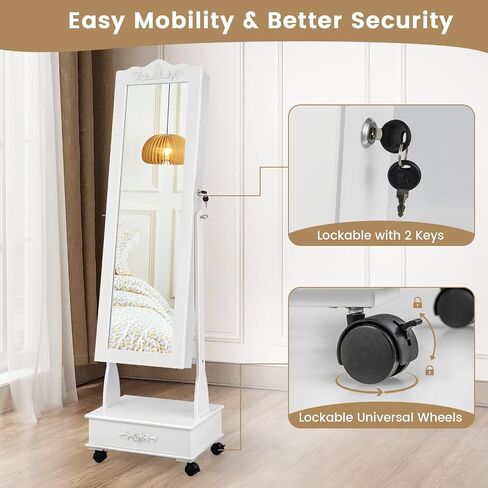 CHARMAID Rolling Jewelry Armoire with Full Length Mirror, Lockable Stand up Jewelry Cabinet with Lights and Wheels, Standing Jewelry Organizer with Drawers, Mirror with Jewelry Storage (Rustic Brown) in Saudi Arabia