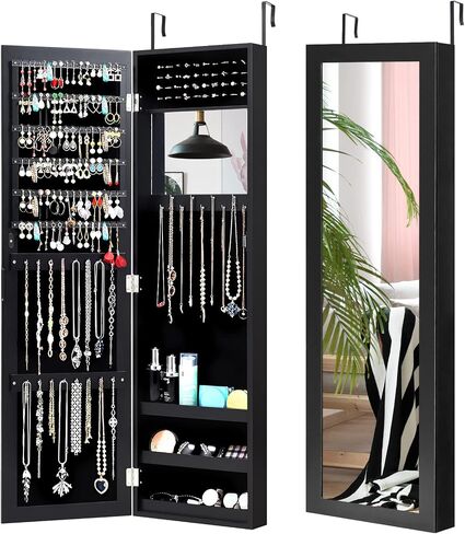COSTWAY Full Length Mirror Jewelry Armoire, Wall Door Mounted Jewelry Cabinet Organizer with Makeup Mirror, Ring Slots and Necklace Hooks for Bedroom, Dressing Room (Pink) in Saudi Arabia