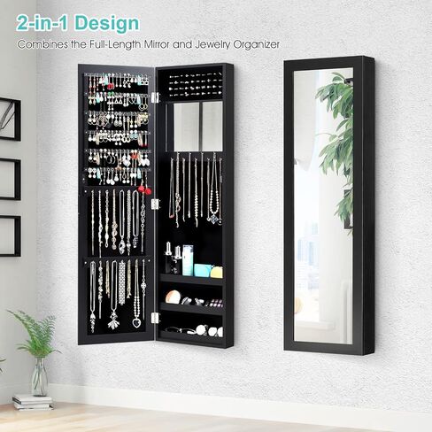 COSTWAY Full Length Mirror Jewelry Armoire, Wall Door Mounted Jewelry Cabinet Organizer with Makeup Mirror, Ring Slots and Necklace Hooks for Bedroom, Dressing Room (Pink) in Saudi Arabia