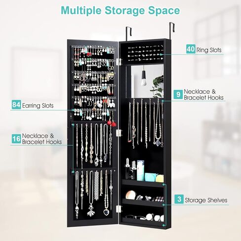 COSTWAY Full Length Mirror Jewelry Armoire, Wall Door Mounted Jewelry Cabinet Organizer with Makeup Mirror, Ring Slots and Necklace Hooks for Bedroom, Dressing Room (Pink) in Saudi Arabia