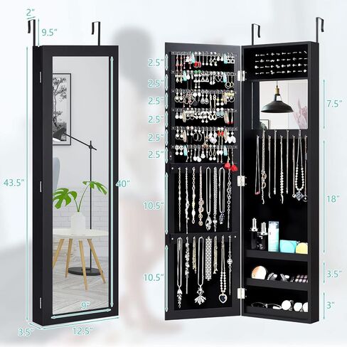 COSTWAY Full Length Mirror Jewelry Armoire, Wall Door Mounted Jewelry Cabinet Organizer with Makeup Mirror, Ring Slots and Necklace Hooks for Bedroom, Dressing Room (Pink) in Saudi Arabia