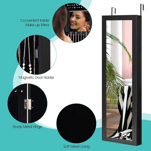 COSTWAY Full Length Mirror Jewelry Armoire, Wall Door Mounted Jewelry Cabinet Organizer with Makeup Mirror, Ring Slots and Necklace Hooks for Bedroom, Dressing Room (Pink) in Saudi Arabia