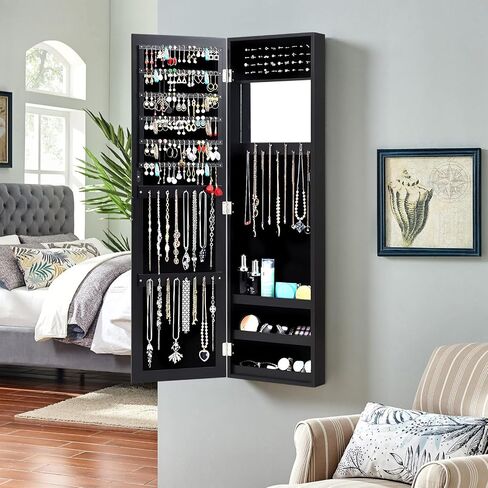 COSTWAY Full Length Mirror Jewelry Armoire, Wall Door Mounted Jewelry Cabinet Organizer with Makeup Mirror, Ring Slots and Necklace Hooks for Bedroom, Dressing Room (Pink) in Saudi Arabia