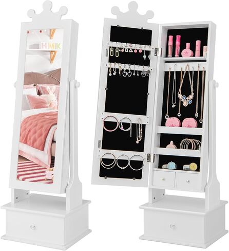 Costzon Kids Jewelry Armoire Cabinet, 45" Standing Jewelry Organizer with Full-Length Mirror, 3 Storage Drawers, Kids Vanity Dress Up Mirror Jewelry Cabinet for Girls (White) in Saudi Arabia