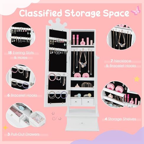 Costzon Kids Jewelry Armoire Cabinet, 45" Standing Jewelry Organizer with Full-Length Mirror, 3 Storage Drawers, Kids Vanity Dress Up Mirror Jewelry Cabinet for Girls (White) in Saudi Arabia