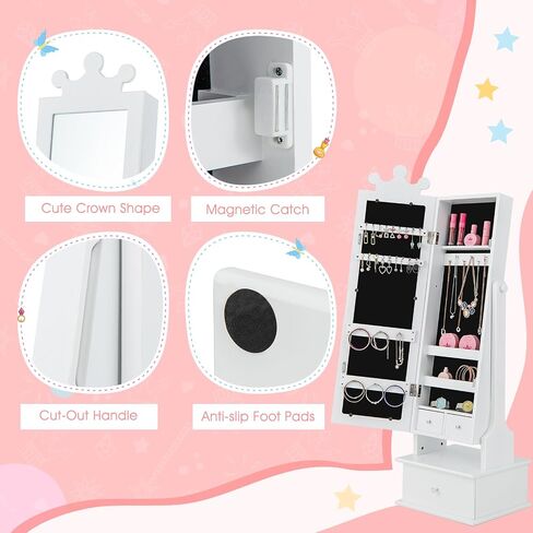 Costzon Kids Jewelry Armoire Cabinet, 45" Standing Jewelry Organizer with Full-Length Mirror, 3 Storage Drawers, Kids Vanity Dress Up Mirror Jewelry Cabinet for Girls (White) in Saudi Arabia