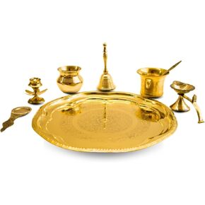 مجموعة زهرة Charya Brass Puja Thali في 11 بوصة - عبادة صفيحة تقليدية ذهبية ، مهرجانات دينية زخرفية ثالي in Kuwait