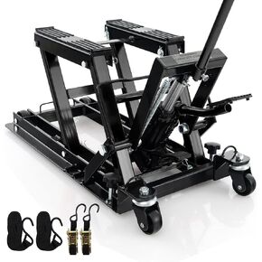 Goplus Motorcycle Lift, 15000 LBS Hydraulic ATV Scissor Jack with Footplates & Long Handle, 2 Ratchet Belts, 4 Wheels, 4.7"-15" Lifting Range, Motorcycle Jack Stand for Dirt Bike, UTV in Saudi Arabia