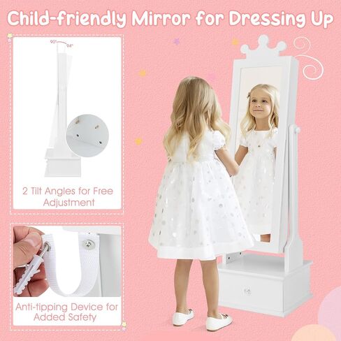 Costzon Kids Jewelry Armoire Cabinet, 45" Standing Jewelry Organizer with Full-Length Mirror, 3 Storage Drawers, Kids Vanity Dress Up Mirror Jewelry Cabinet for Girls (White) in Saudi Arabia