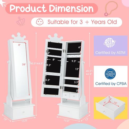 Costzon Kids Jewelry Armoire Cabinet, 45" Standing Jewelry Organizer with Full-Length Mirror, 3 Storage Drawers, Kids Vanity Dress Up Mirror Jewelry Cabinet for Girls (White) in Saudi Arabia
