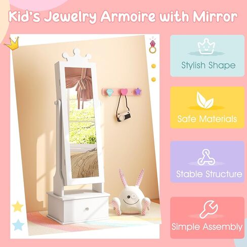 Costzon Kids Jewelry Armoire Cabinet, 45" Standing Jewelry Organizer with Full-Length Mirror, 3 Storage Drawers, Kids Vanity Dress Up Mirror Jewelry Cabinet for Girls (White) in Saudi Arabia