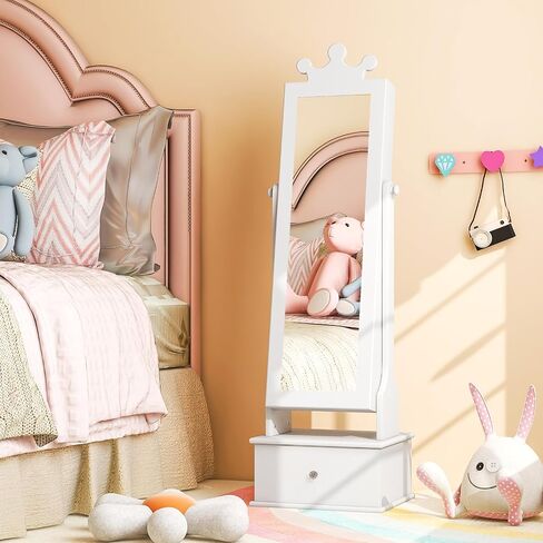 Costzon Kids Jewelry Armoire Cabinet, 45" Standing Jewelry Organizer with Full-Length Mirror, 3 Storage Drawers, Kids Vanity Dress Up Mirror Jewelry Cabinet for Girls (White) in Saudi Arabia