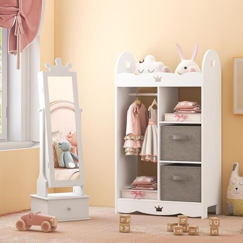 Costzon Kids Jewelry Armoire Cabinet, 45" Standing Jewelry Organizer with Full-Length Mirror, 3 Storage Drawers, Kids Vanity Dress Up Mirror Jewelry Cabinet for Girls (White) in Saudi Arabia