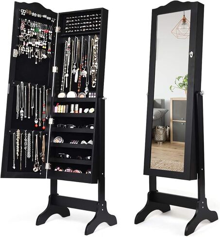 Giantex Jewelry Box Armoire مع المرآة ، خزانة مجوهرات دائمة ، 29 Holder Holder Hing Ring Makeup Makeup Organizer Gift for Girls Women Women Jewelry Scalets ، Black in Saudi Arabia
