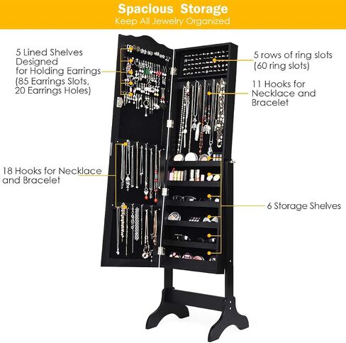 Giantex Jewelry Box Armoire مع المرآة ، خزانة مجوهرات دائمة ، 29 Holder Holder Hing Ring Makeup Makeup Organizer Gift for Girls Women Women Jewelry Scalets ، Black in Saudi Arabia
