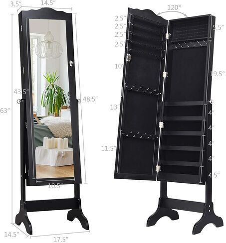 Giantex Jewelry Box Armoire مع المرآة ، خزانة مجوهرات دائمة ، 29 Holder Holder Hing Ring Makeup Makeup Organizer Gift for Girls Women Women Jewelry Scalets ، Black in Saudi Arabia
