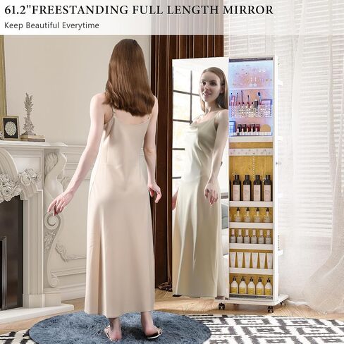 HNEBC 360 ° الدوار المجوهرات LED ARMOIRE ، مرآة الطول الكامل مع أرفف التخزين الخلفية لتخزين المجوهر in Kuwait