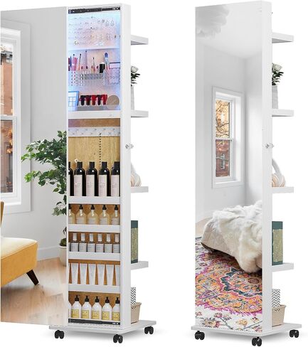 HNEBC 360 ° الدوار المجوهرات LED ARMOIRE ، مرآة الطول الكامل مع أرفف التخزين الخلفية لتخزين المجوهر in Kuwait