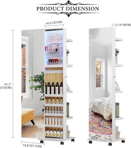 HNEBC 360 ° الدوار المجوهرات LED ARMOIRE ، مرآة الطول الكامل مع أرفف التخزين الخلفية لتخزين المجوهر in Kuwait