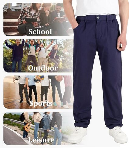 CAMLAKEE Boys' Pleated Dress Pants Kids Elastic Waist Twill Straight Leg School Uniform Pants in Kuwait