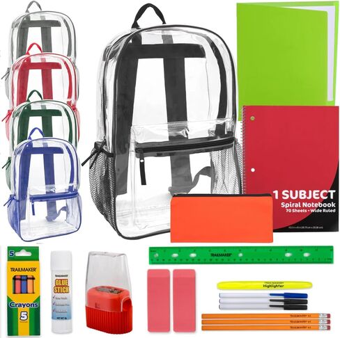Trail Maker 24 Pack Bulk Clear Back Duty مع اللوازم المدرسية ، جيوب جانبية للأطفال ، الأولاد ، الفتيات ، المدرسة ، المعتمدة من الملعب (حزمة متعددة الألوان) in Saudi Arabia