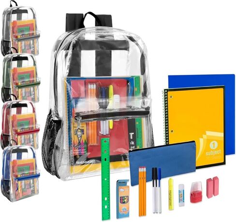 Trail Maker 24 Pack Bulk Clear Back Duty مع اللوازم المدرسية ، جيوب جانبية للأطفال ، الأولاد ، الفتيات ، المدرسة ، المعتمدة من الملعب (حزمة متعددة الألوان) in Saudi Arabia