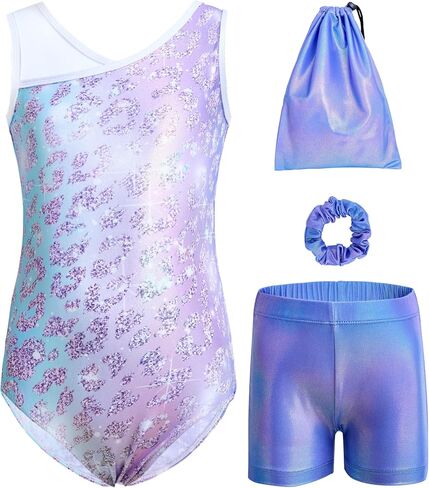 Gymnastics Leotards for Girls 4-Piece Outfit with Storage Bag Scrunchie & Shorts Set for Toddler/Kids 3-12 Years in Saudi Arabia