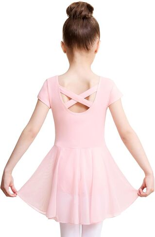 DIPUG Ballet Leotards for Girls with Skirt Toddler Dance Dress Leotard Outfit Short Sleeve Criss-Cross Back in Kuwait