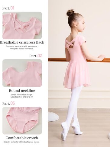 DIPUG Ballet Leotards for Girls with Skirt Toddler Dance Dress Leotard Outfit Short Sleeve Criss-Cross Back in Kuwait