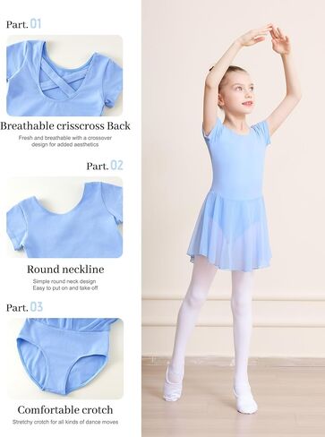 DIPUG Ballet Leotards for Girls with Skirt Toddler Dance Dress Leotard Outfit Short Sleeve Criss-Cross Back in Kuwait
